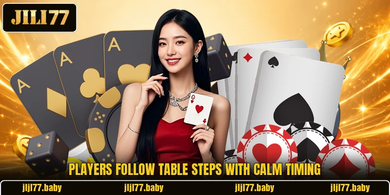 Players follow table steps with calm timing Players follow table steps with calm timing